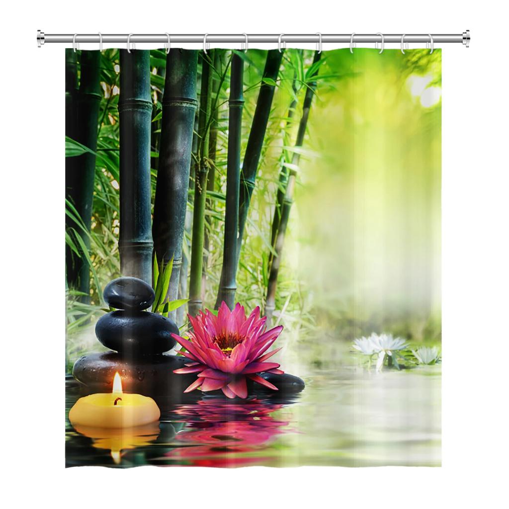 Zen Garden Shower Curtain Spa Green Bamboo Black Stone White Flower Bathroom Decor Supplies Bath Curtains Sets Polyester Fabric