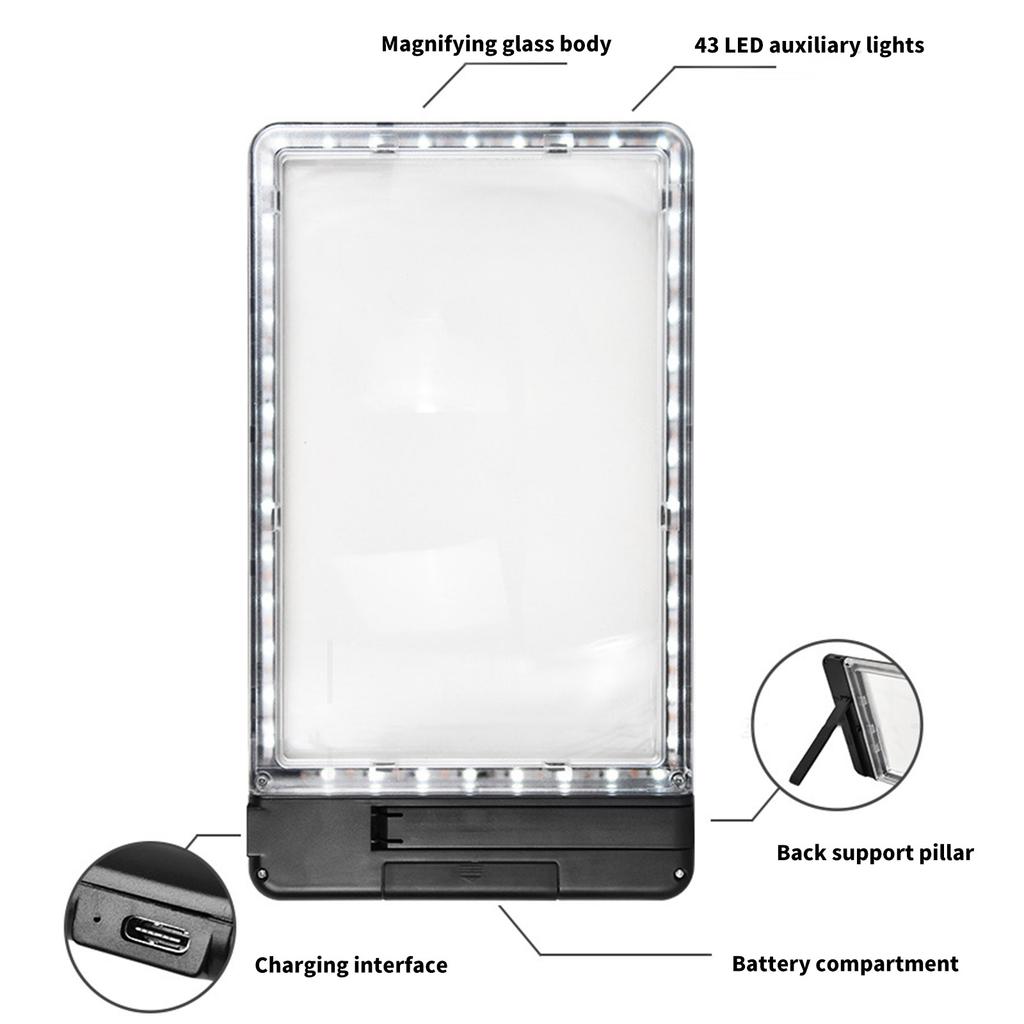 Full Page Magnifying Glass 4X Magnification Glass with 43 Bright LED and Adjustable Stand for Seniors and Book Lovers