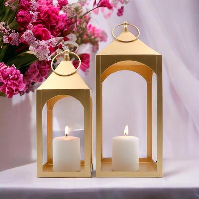 Iron Lanterns with Free Pillar Candles|Gold Iron Hanging Lanterns|Lantern for Home Decoration|Candle Holders for Home Decor|Pack of 2