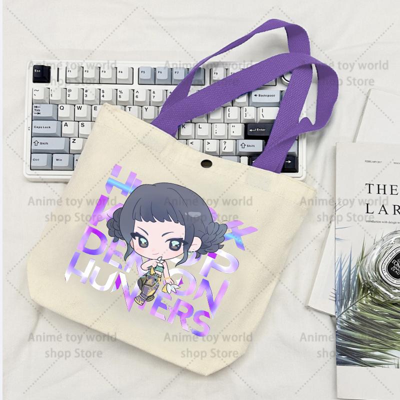 KPop Demon Hunters GIRLS Canvas Shopping Bags Women Cotton Tote Bags Reusable Cartoon Letter Shoulder Bag Grocery Handbag Beige