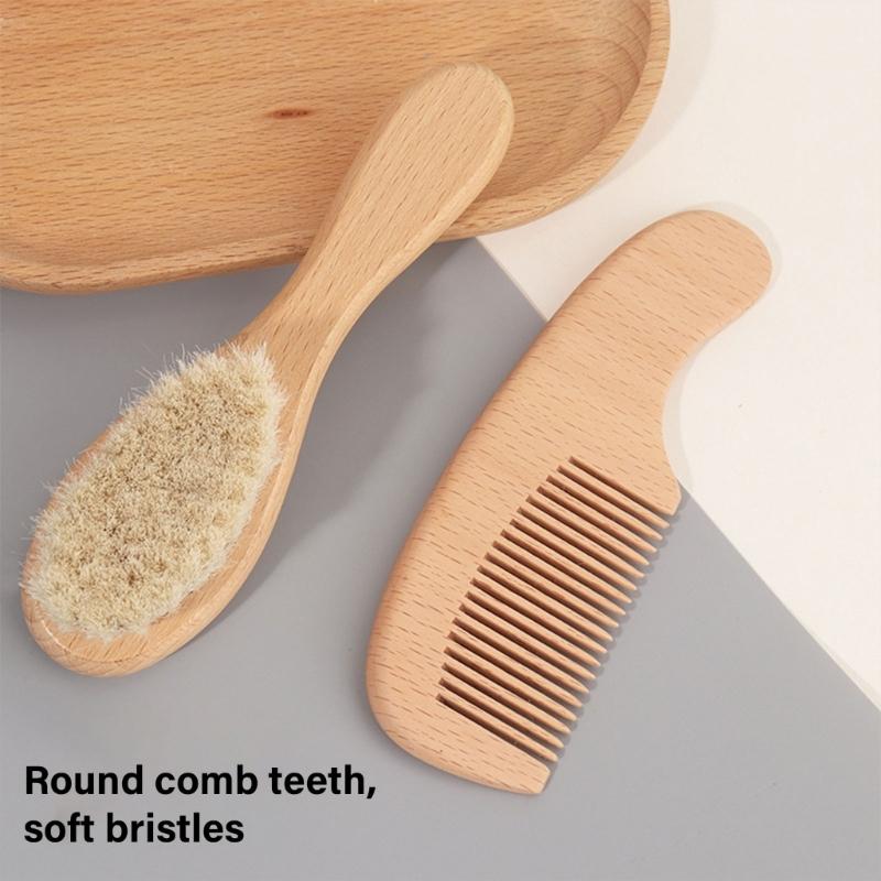 Baby Hair Brush and Hair Comb Set Soft Goat Bristles Cradle Caps Brush for Newborns & Toddlers Wood Baby Hair Brush