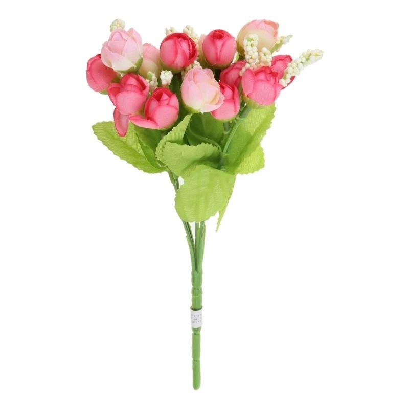 A Top Quality 15 Head Artificial Rose Fake Silk Flower Leaf Bouquet for Home Wedding Decor Bridal Bouq - Pack of 10