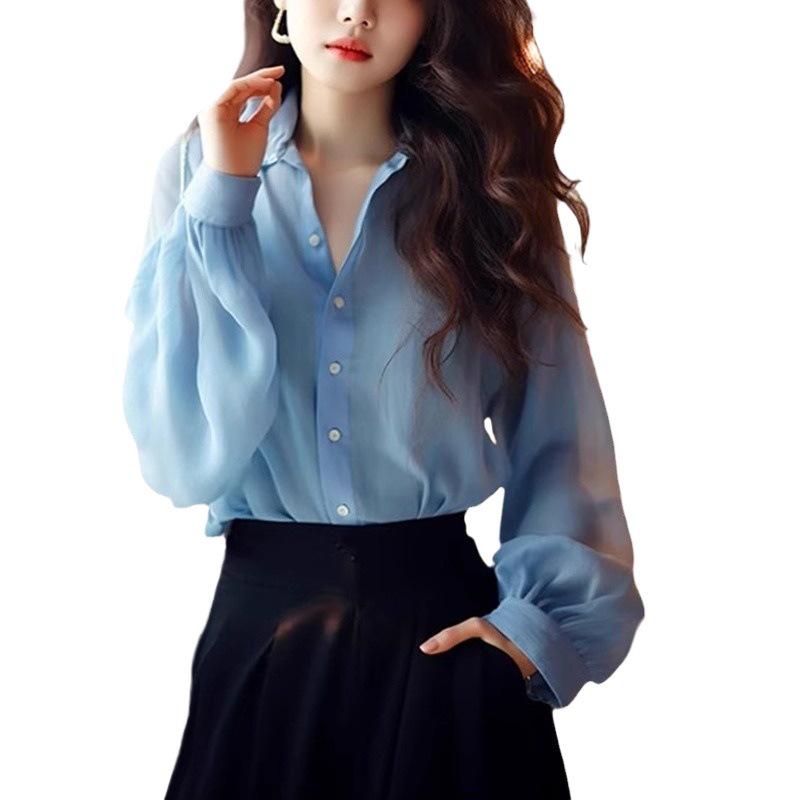 Chic Korean-Style Blue Chiffon Long Sleeve Women's Blouse