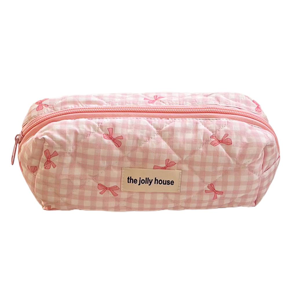 

Клетчатая милая косметичка с бантом, хлопковая стеганая косметичка для женщин (Розовый Л)