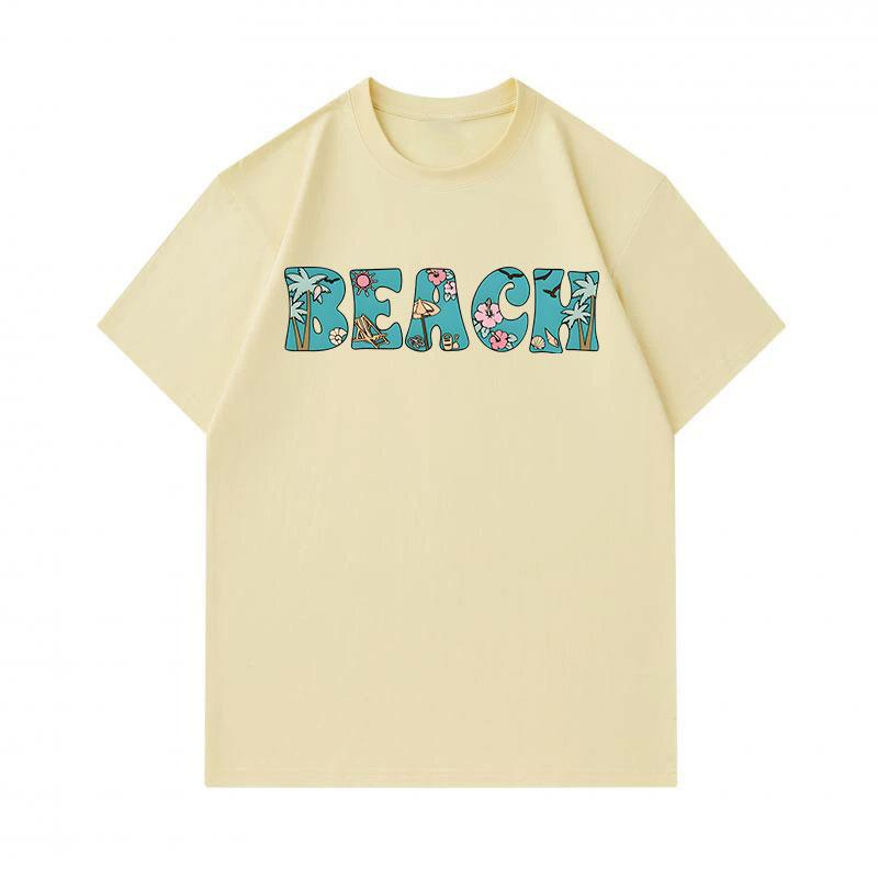 Men's 100% Cotton Crew Neck Short Sleeve T-Shirt, Casual Summer BEACH Letter Print with Palm Tree Sun Flower Pattern Soft Breathable Loose Fit Daily H