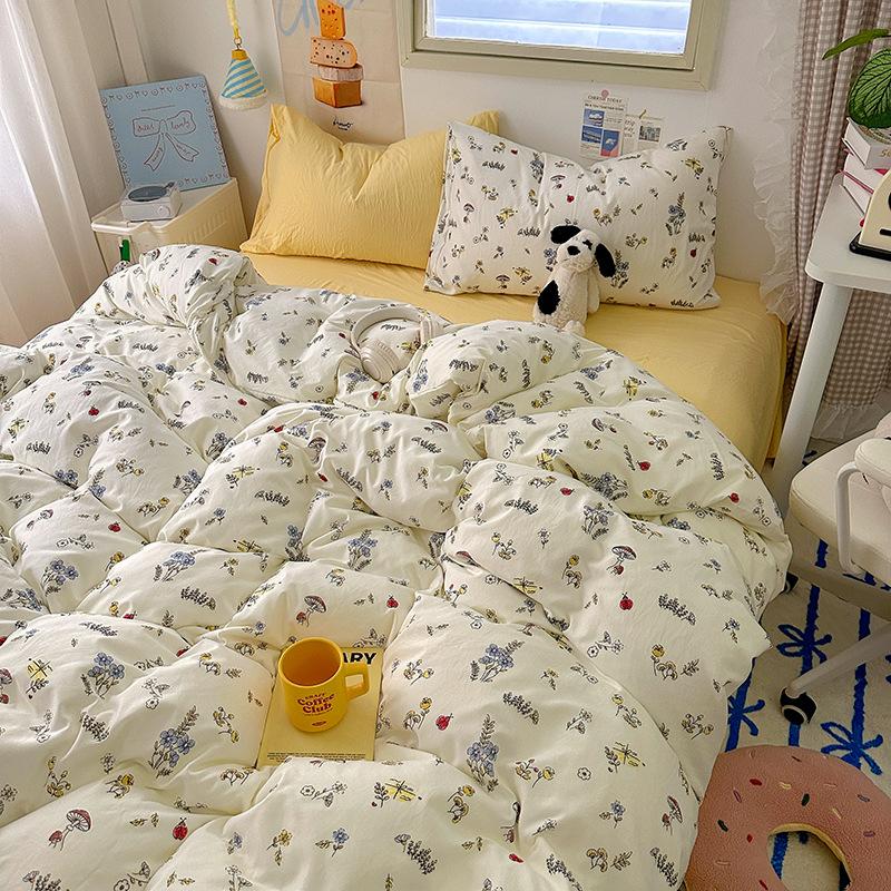 Cream Pure Cotton 4 Piece Bed Sheet Set Washable All Cotton Duvet Cover Pillowcase Class A 3 Piece Set Soft Comfortable Bedding