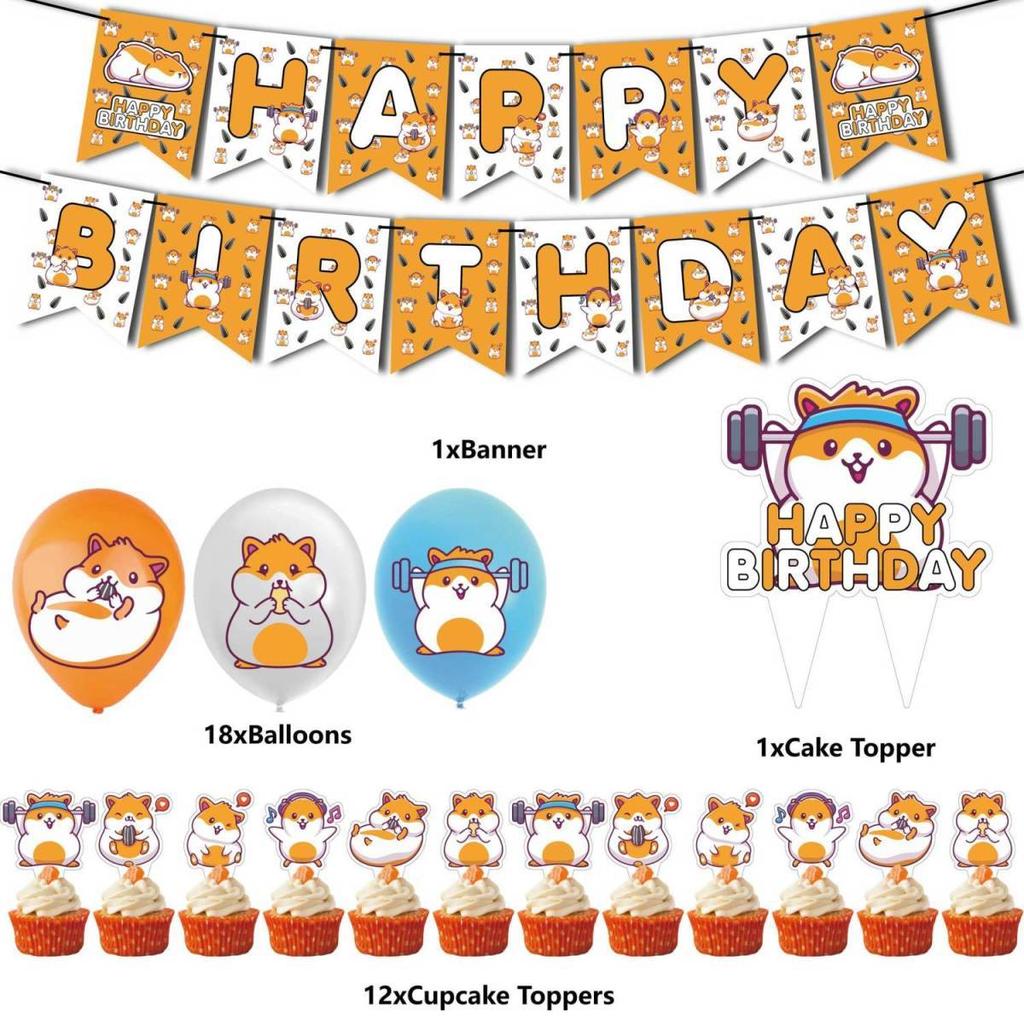 Pet Hamster-Themed Birthday Party Decor Set: Cricetinae Balloon Banner and Cake Topper Set