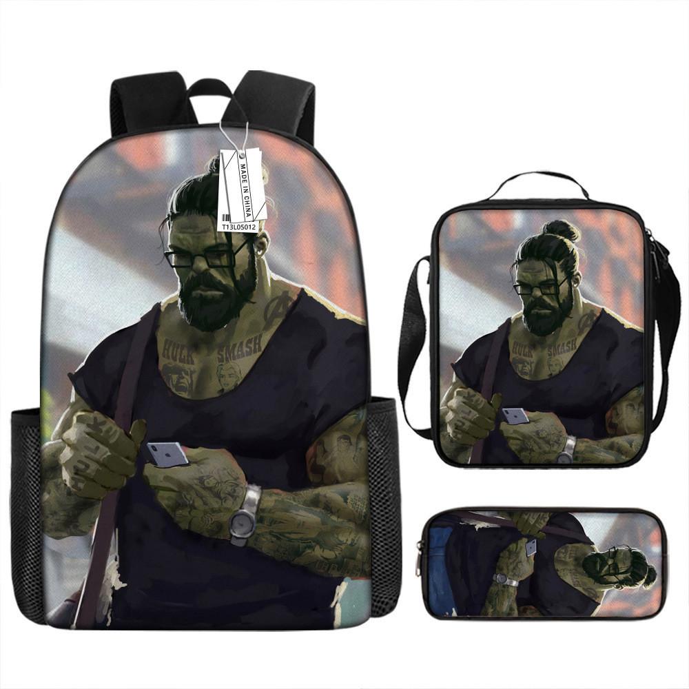 Children Backpack Three Piece Set With The Avengers Hulk Print Design For School Use