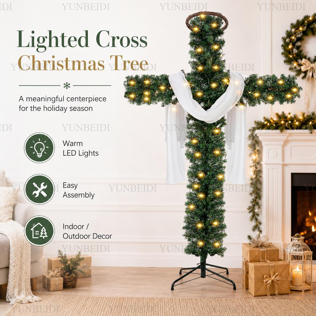 150/180cm Kreuzförmiger Weihnachtsbaum Vorbeleuchtet mit Warmen LED-Lichtern Künstlicher PVC-Weihnachtsbaum Religiöser Feiertag Haus Außen Dekoration