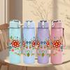 1PC Folk Floral Heart Garland 750ml Color Plastic Sports Water Bottle Leakproof Flip Straw Lid Suitable for Sports Office Home Use