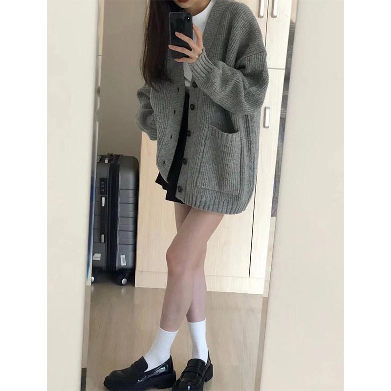 Grey Knit Cardigan Sweater Coat for Women – Spring & Autumn French Casual Style