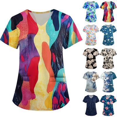 Niedlich bedruckte Arbeitskleidung für Damen, V-Ausschnitt, doppellagige Taschen, Basic-Kurzarm-Oberteil, Pullover