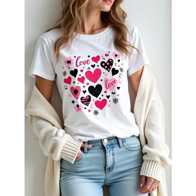 European Size Women'S Valentine'S Day T-shirts | Cute Heart Pattern, Comfortable Colored, Casual Crew Neck for All Seasons