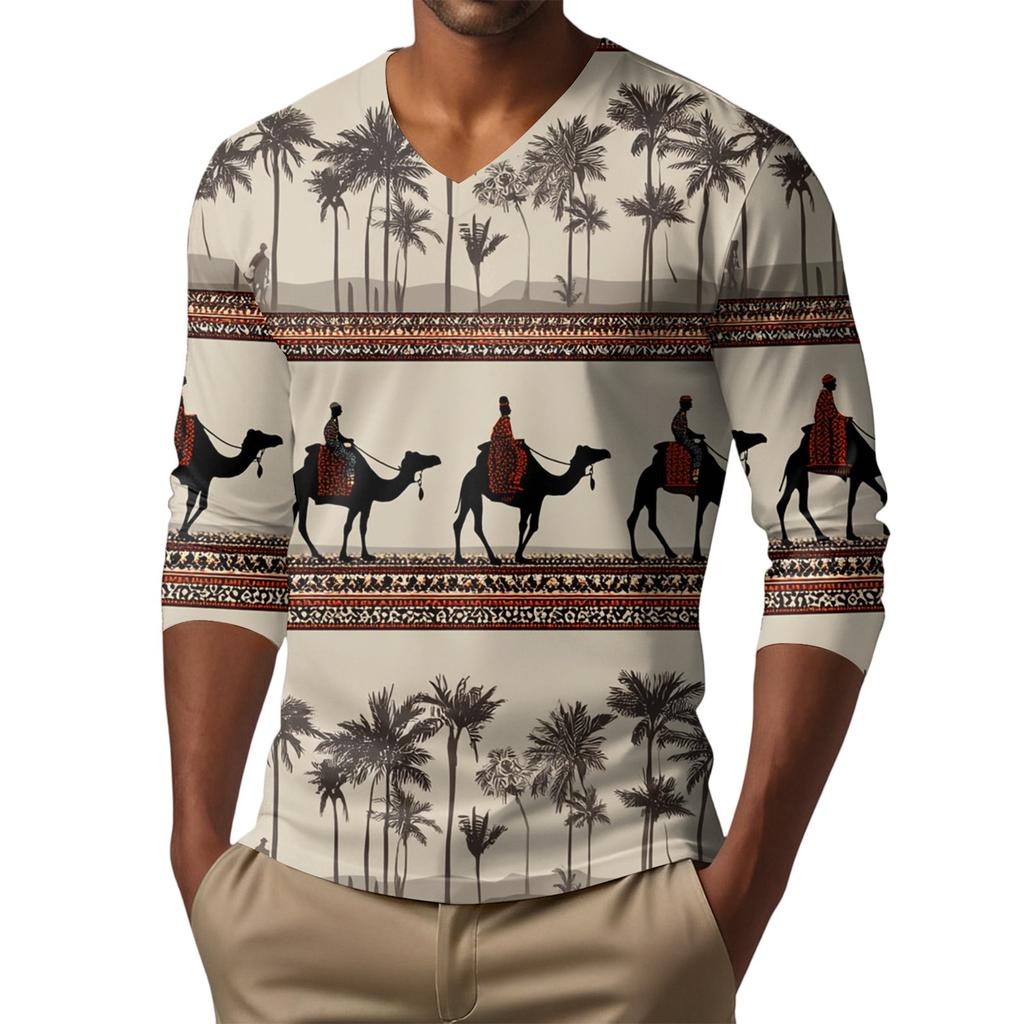 Men's V-neck Casual Fashion Printed Long-sleeved T-shirt Top