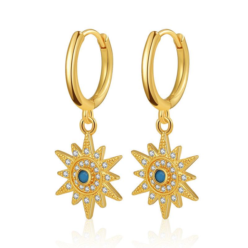 Turquoise Earrings Brass Plated 18K Real Gold Color Retention Retro Circle Metal Texture Ear Buckle Premium Sense