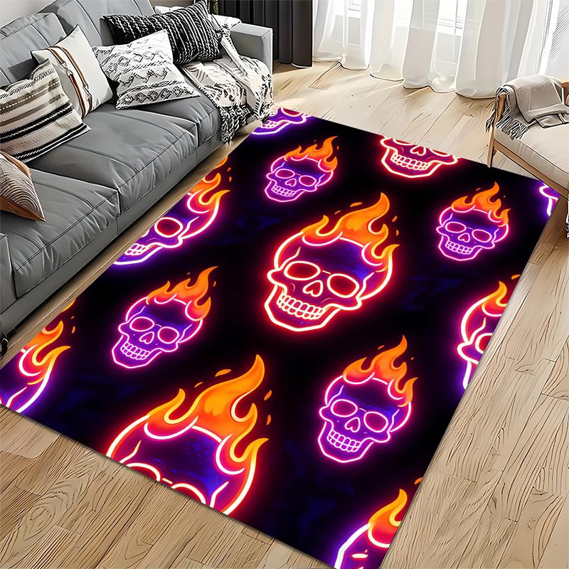 "Flaming Skull Neon Art Carpet, Bright Modern Decor, Black Base" Suitable for use as an anti-slip for living room bedroom sofas
