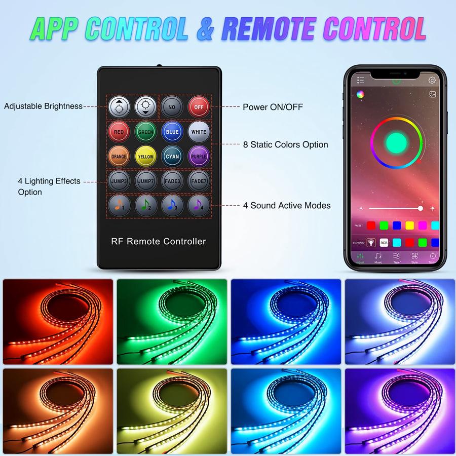 Car Chassis Decorative Sound-Activated Seven-Color Atmosphere Light with Remote and Mobile App Control