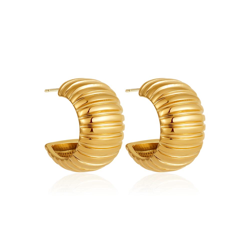 Vintage Texture Round Chunky Ribbed Hoop Earrings for Women Gold Plated C-Shape Stainless Steel Earring Vintage Zircon Bijoux