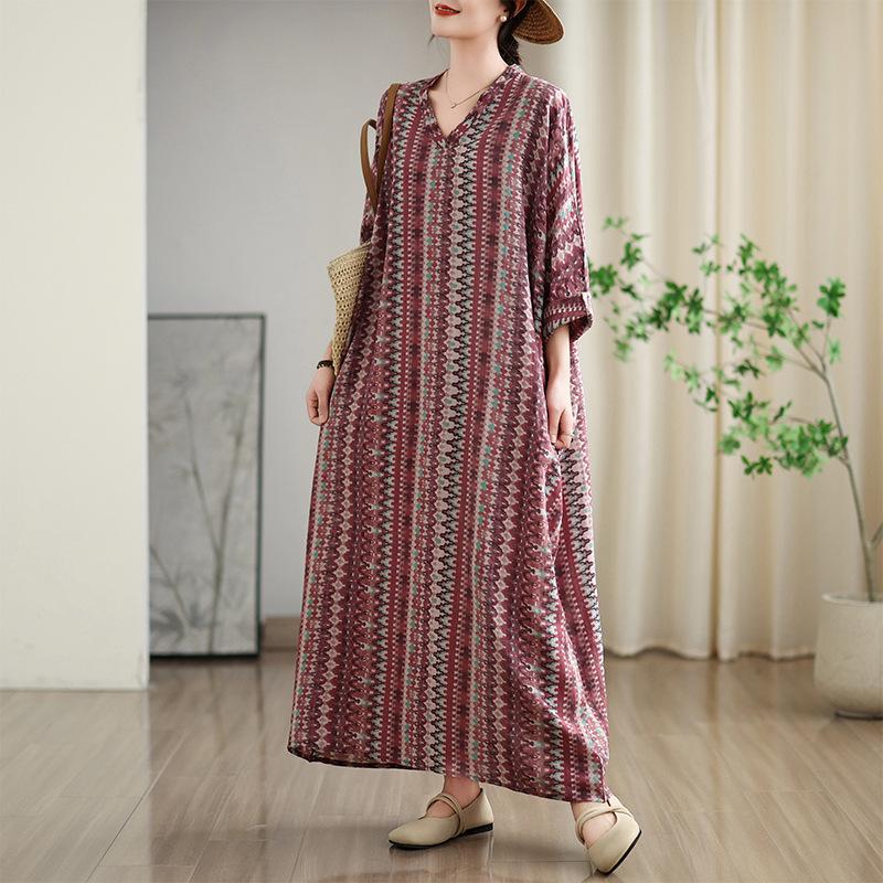 Early Spring Loose Casual Vacation Style V-neck Retro Mid Length Covered Cotton Linen Dress
