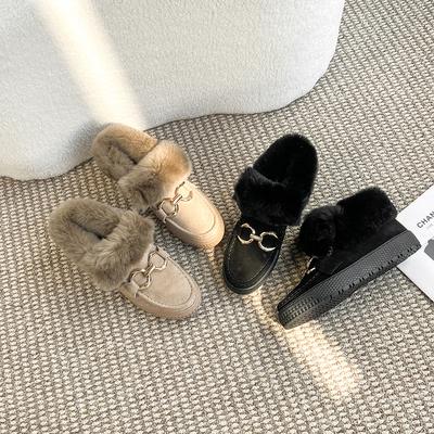 Leather Fur Shoes Women's Winter New Doudou Shoes Women's Cotton Shoes Piled Thickened Soft Sole Non-slip Warm Black Cotton Boots