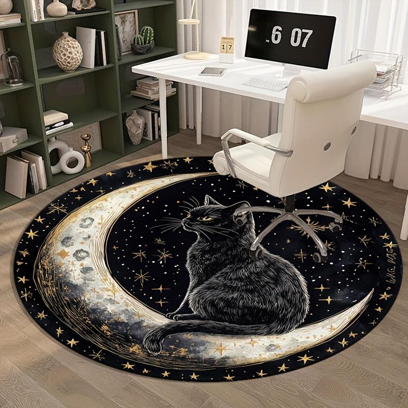 Black Cat On Moon Round Rug Fantasy Night Sky Starry Pattern Bedroom Floor Decor Mystical Animal Art Soft Carpet