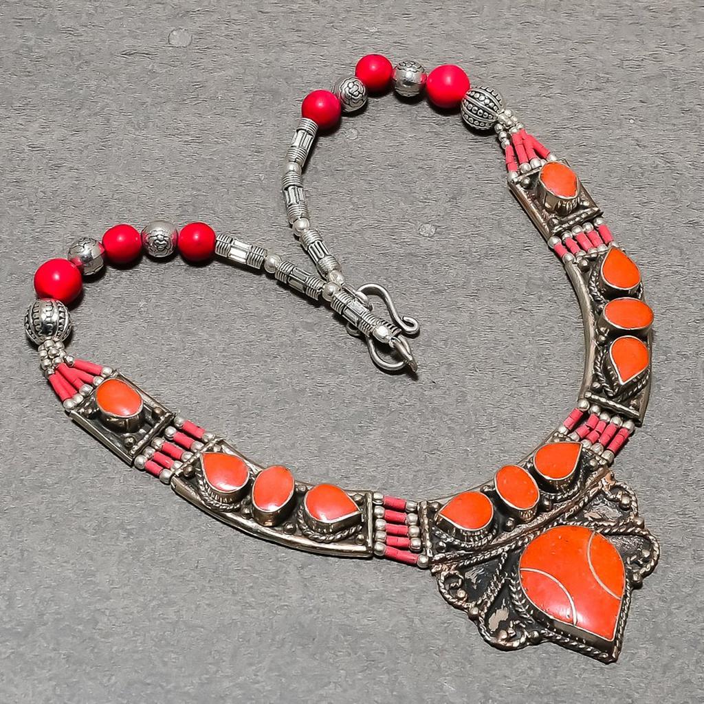18" Tibetan Necklace Natural Coral Pendant Nepali Tribal Statement Gift NN 749