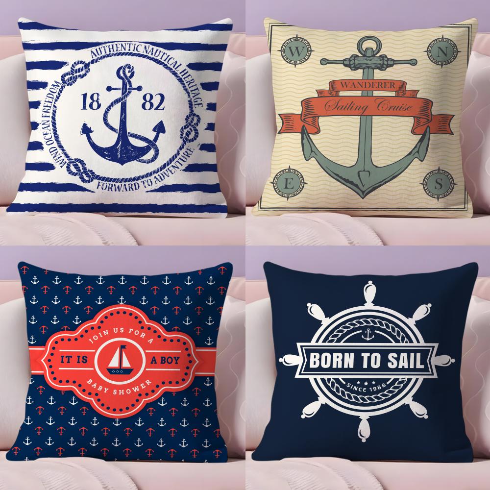 Nordic Dark Blue Sailing Cushion Cover Plush Fabric Soft Double-Sided Printed Sofa Warm Winter Home Gift Pillow Cover
