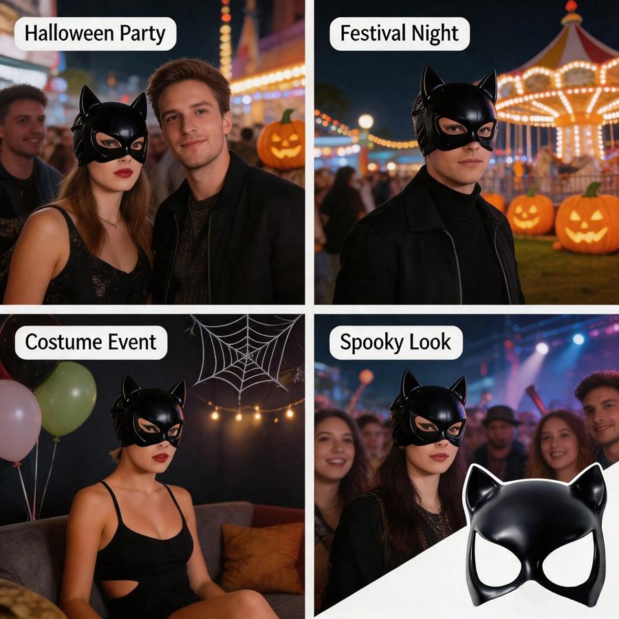 Black Cat Woman Half Face Mask, Cat Ear Masquerade Mask, Halloween Cosplay Party Costume Mask for Women