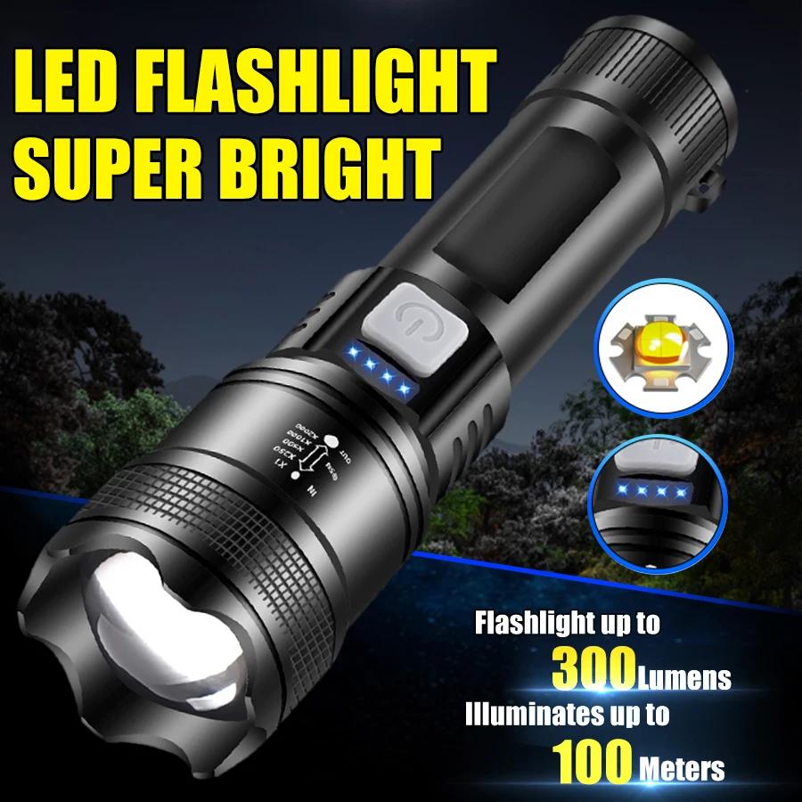 Portable XHP70 LED Flashlight Built in 26650Battery USB Rechargeable Zoom Torch With Tail Warm Light Outdoor Camping Lantern
