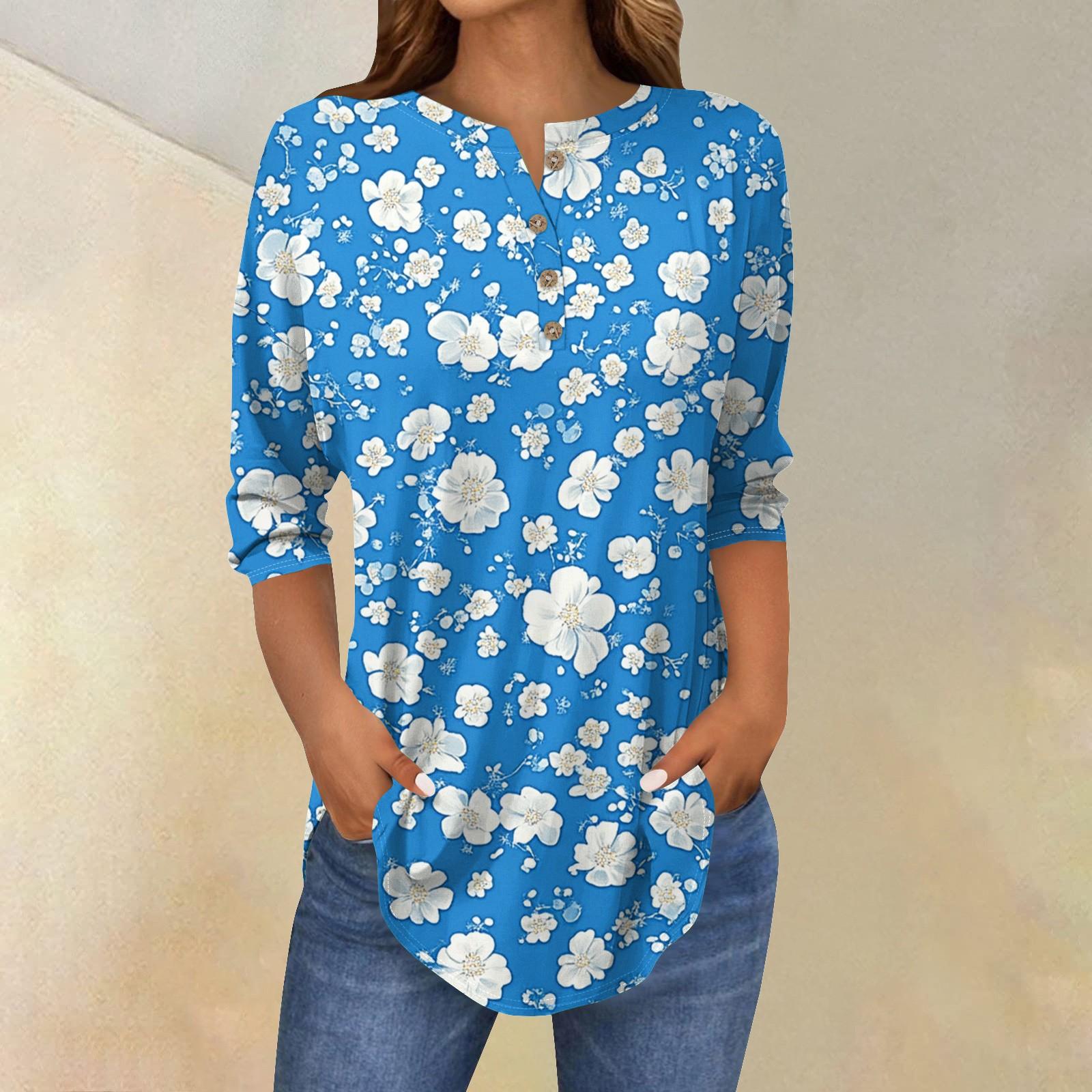 

Женские топы с рукавами 3/4, летние футболки с цветочным принтом и V-образным вырезом, повседневные базовые футболки с пуговицами, туники M синий