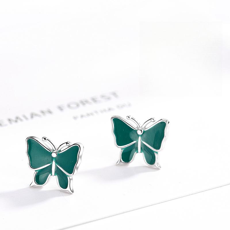 Temperament Mori Three-dimensional Green Korean Version Butterfly Stud Earrings Female Hong Kong Style Retro Fashion Sweet Small Earrings
