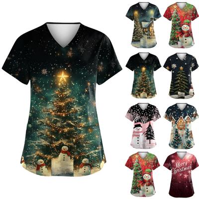 Women's Christmas Printed  Uniform Work Uniform V Neck Pocket Protective Uniform