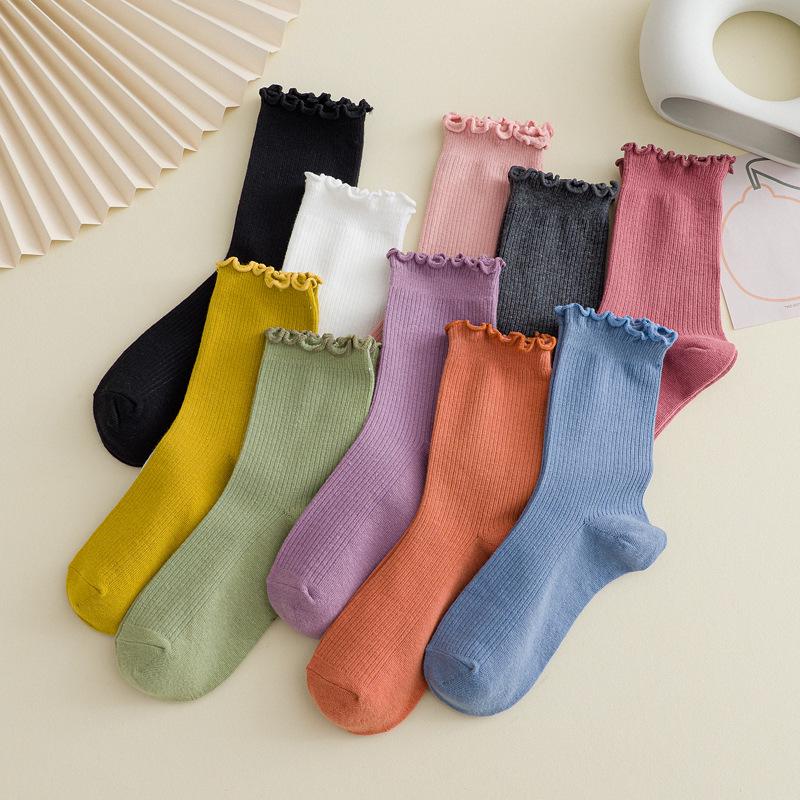 Women's Japanese Style Black Lace-Trimmed Mid-Calf Cotton Socks - Cute Slouchy Autumn/Winter Solid Color Trendy Long Socks.