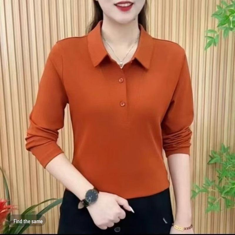 

2026 Elegant Lapel Long Sleeve T-Shirt - Solid Color, Slim Fit, Spring/Autumn Fashion XL (110-120 cm) оранжевый