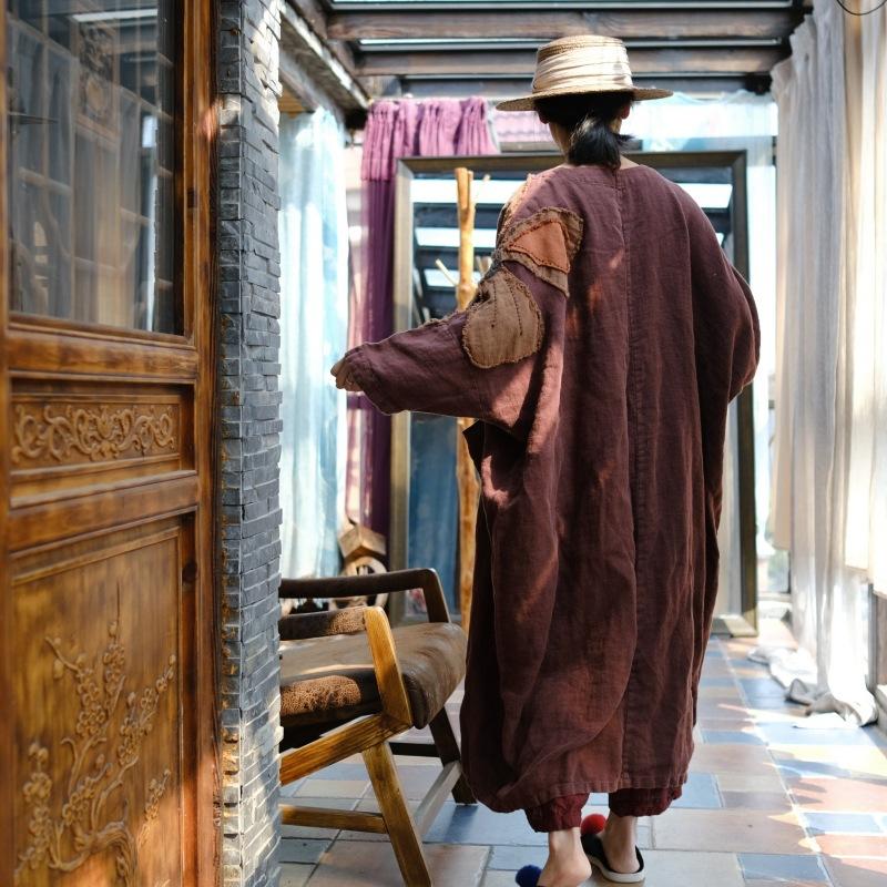 

Johnature Women Vintage Patchwork Floral Trench Solid Color Linen Coats Autumn Long Sleeve Chinese Style Long Trench One Size