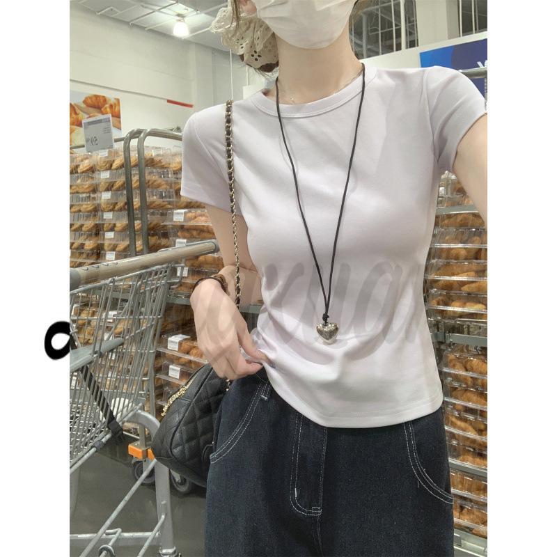 Spring-Summer Korean Style Slim Fit Pure Cotton Round Neck Short Sleeve T-Shirt Small
