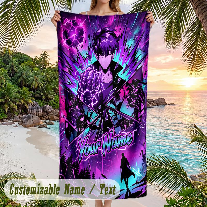 Solo Leveling Beach Towel, Personalized Custom Name Text, Quick Dry Large Absorbent Towel For Beach Pool
