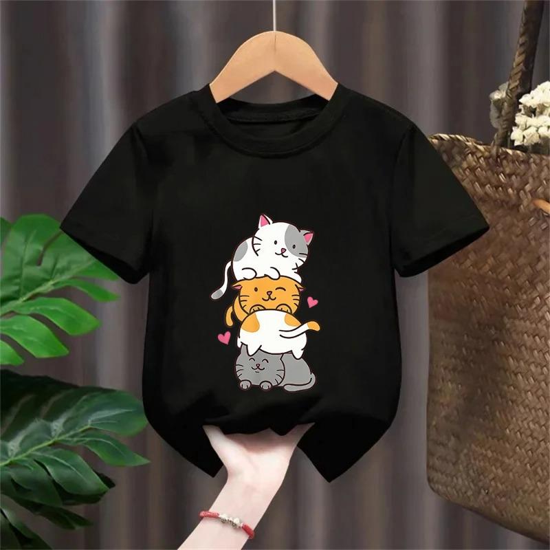 Cute Cat Graphic Kids Tshirts Summer Short Sleeve Tees Cartoon Animal Boys Girls Clothes Kawaii Kitten Tops Y2K Children T-shirt
