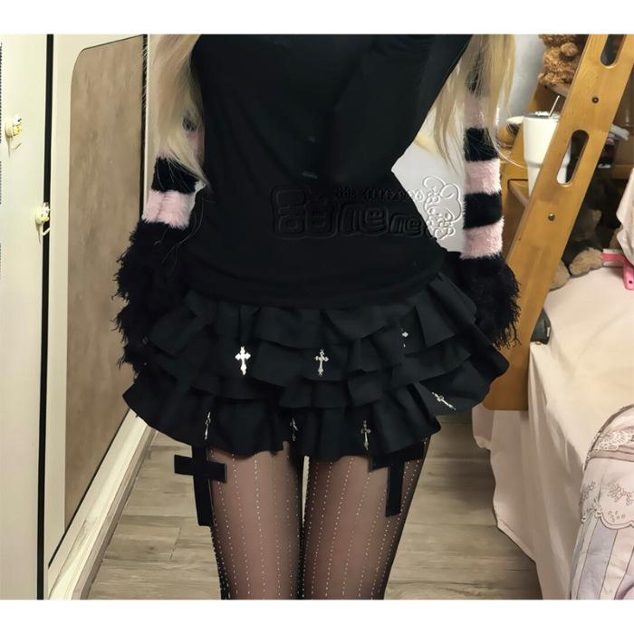 

American retro millennial babes black cross tutu female subculture punk yk bust cake skirt S