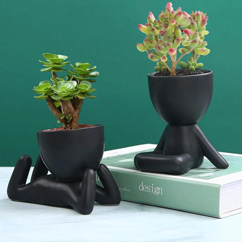 Decorative Succulent Planter Pot with Drainage Hole Handmade Ceramic Flower Pot Vase Statue Ornament for Indoor Outdoor