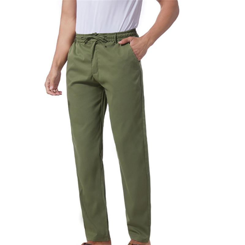 

Мужские однотонные хлопковые льняные брюки, свободные повседневные легкие брюки с эластичной резинкой на талии, мужские брюки с карманами S армия зеленый