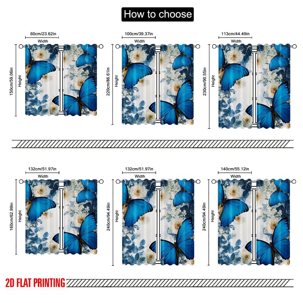 2D Flat Printing 2pcs Window Treatment Curtains Blue Butterflies White Flowers Digital Printed Polyester Drapes Festive Wall
