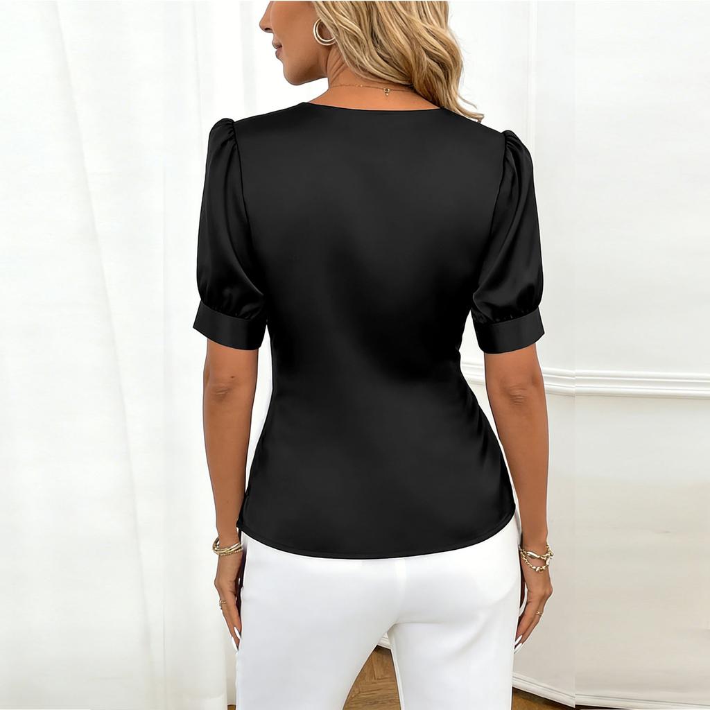 Damenmode Frühling/Sommer V-Ausschnitt Schlanke Passform Satin Elegant Vielseitig Hemd Top
