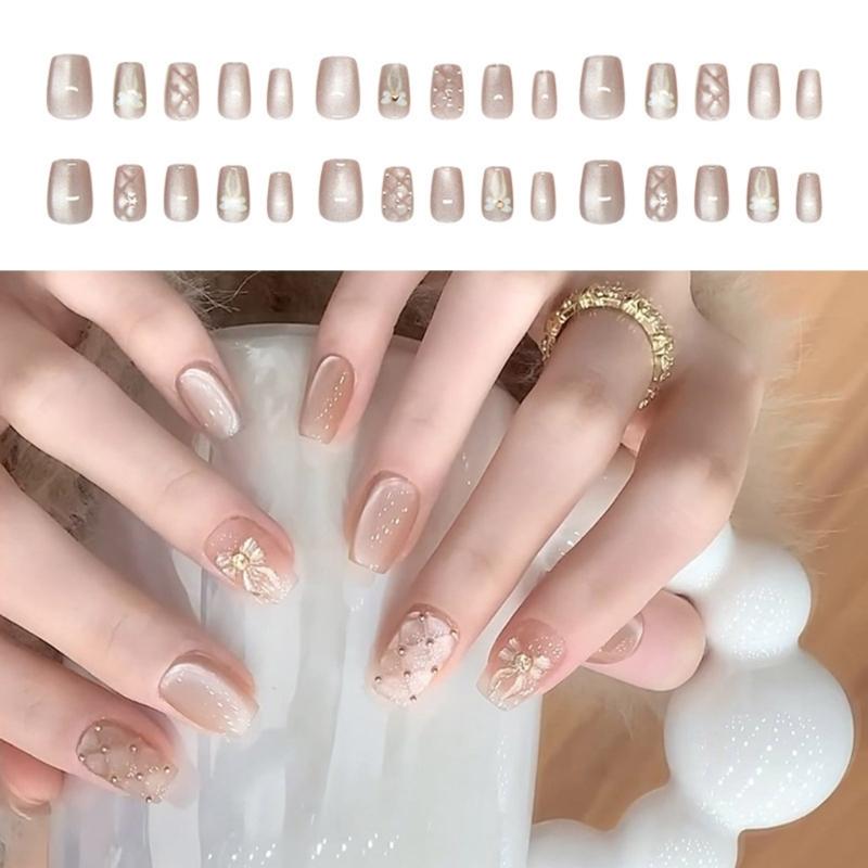 Cats Eye Short Square False Nail Set 24 Pcs Acrylic Press On Nail with Bows Easy Application For Commuting And Event