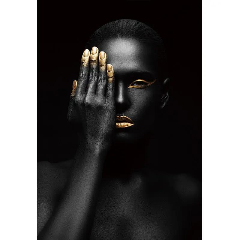 African Art Black and Gold Woman Oil Painting On Canvas Picture for Living Room Contemplator Posters and Prints Scandinavian