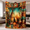 2026 Neueste Flanelldecke 1 Stück Polyester-Druckdecke im Stil amerikanischer Ureinwohner - Lebendiges Tipi & Federdesign, Weich & Bequem, Perfekt für das Bett