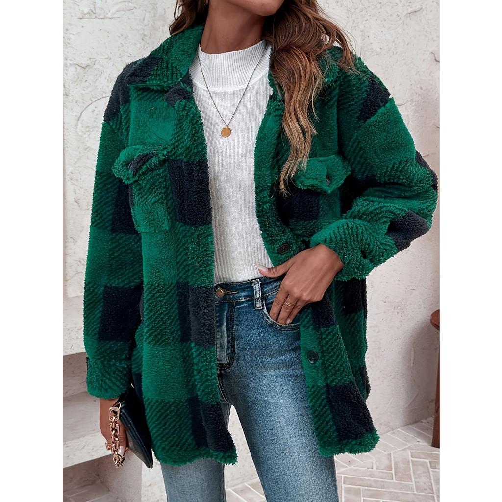 Ladies' Plush Fleece Winter Coat - Grid High Stretch Coat, Middle Eastern Elegant Collection, Machine Washable for Autumn and Winter