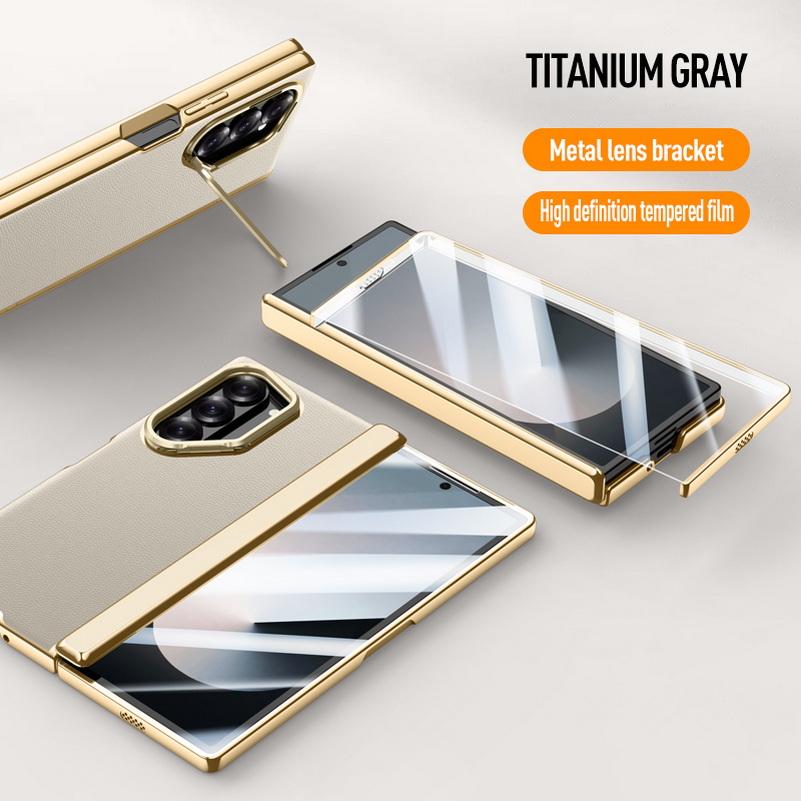 Galvanisierte Federgelenk-Schutzhülle aus echtem Leder und gehärtetem Glas für Samsung Z Fold 6 Galaxy Z Fold6 Rundumschutzhülle