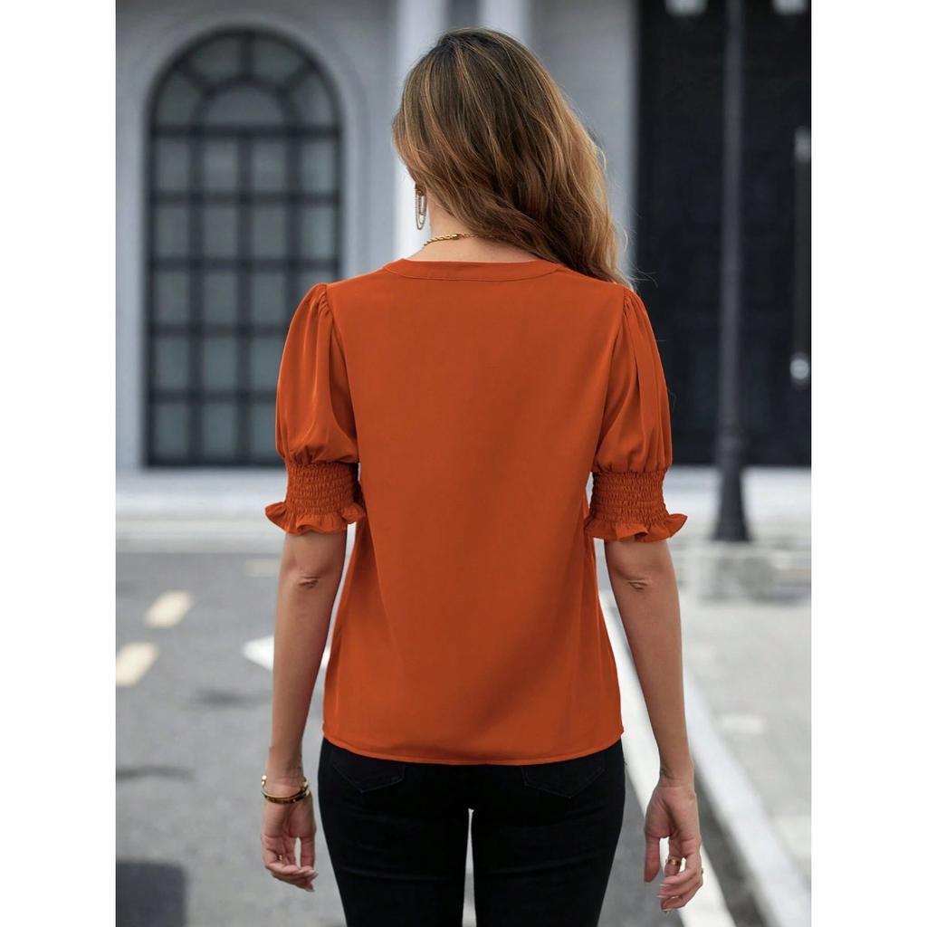 Summer new V-neck temperament bubble sleeves solid color casual women's T-shirt top