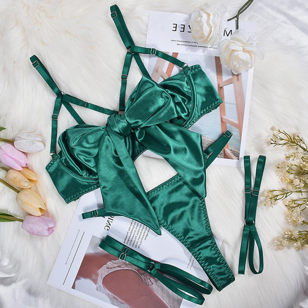 Elegant European & American Bow Hollow-Out Lingerie 3-Piece Underwire Set